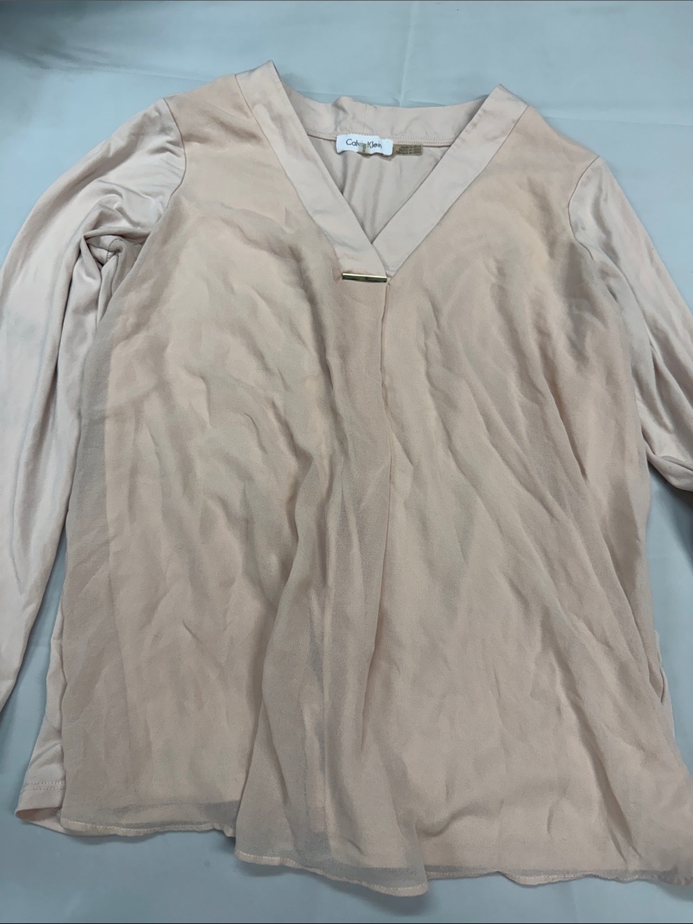 Calvin Klein Long-Sleeve V-Neck Top in Light Beige